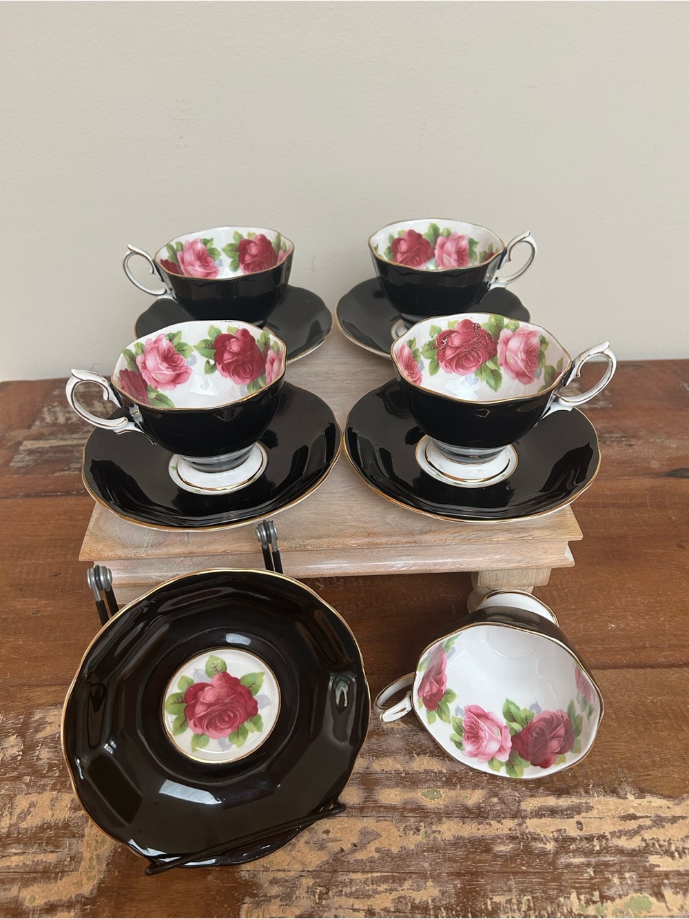 Royal Albert Black and Pink Rose Tea Cup Set with Gold Trim